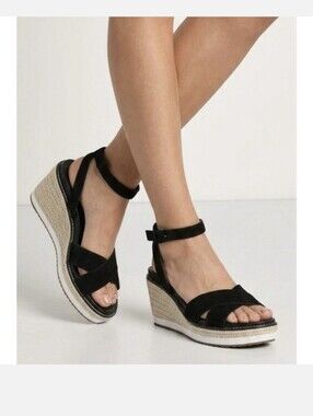 Cole Haan Black Suede Espadrille Wedge Sandals